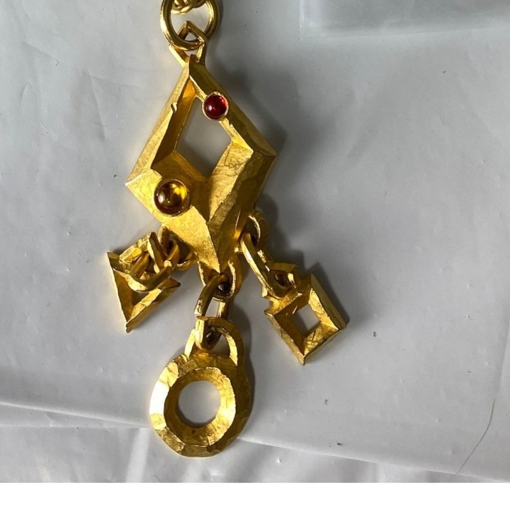 Vintage Gold Tone Geometric Pendant Long Link Chain Statement Necklace Matte 28"